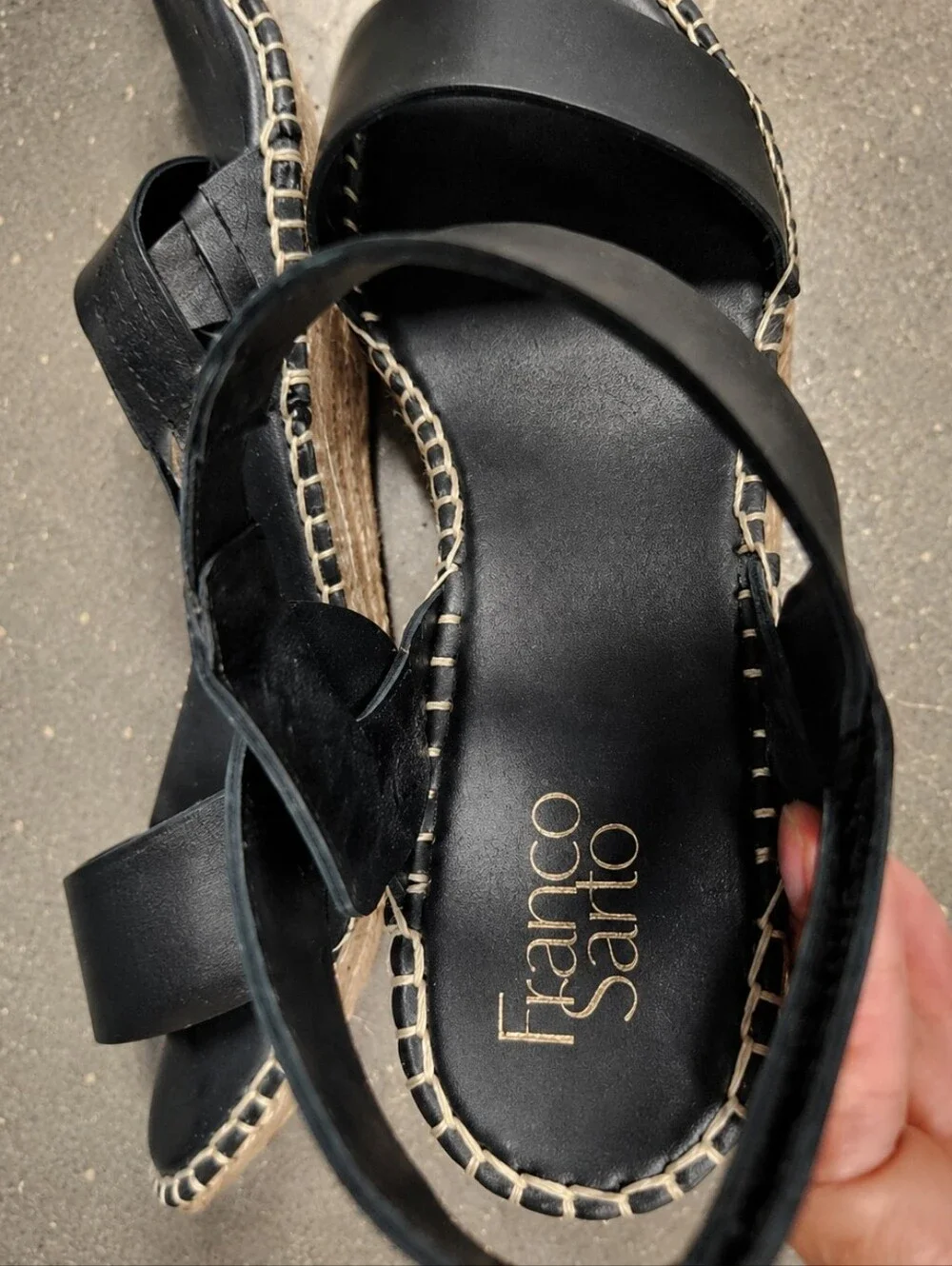 Franco Sarto Black Leather Espadrille Platform Wedge Sandals Size 9M